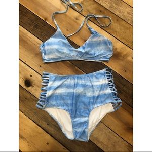 High waisted blue tie dye bathing suit